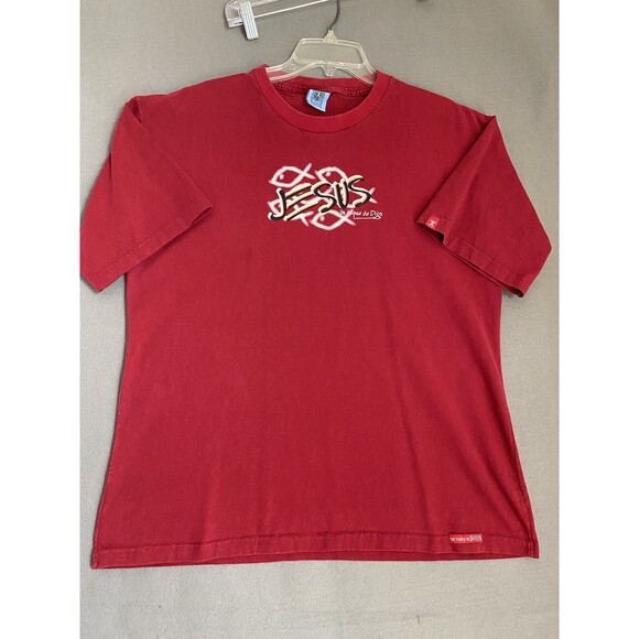 Un Toque De Dios Other - Vintage Jesus Tee Un Toque De Dios Shirt Mens 2XL Red Jesus Religious Spell Out